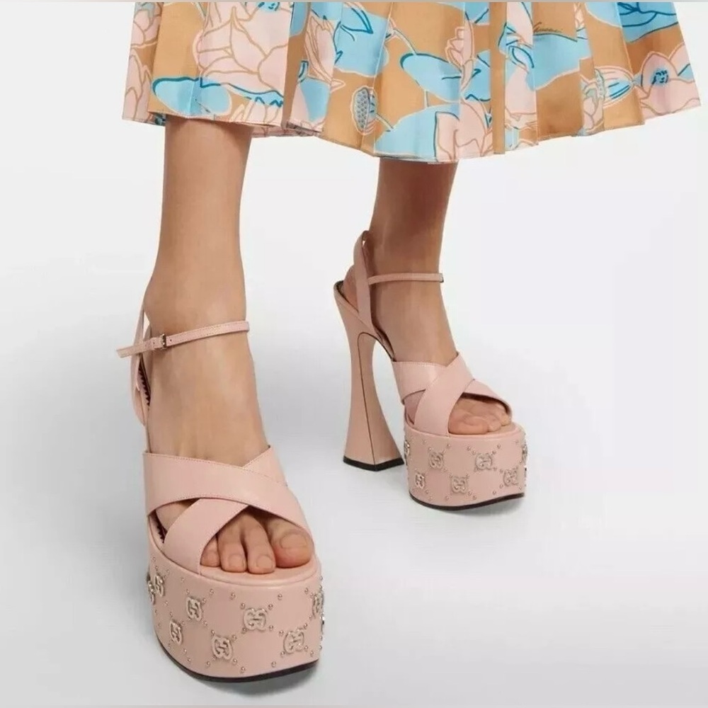 GUCCI JANAYA INTERLOCKING G PLATFORM PLATO ANKLE STRAP STUD SANDALS SIZE EU 40.5 - Picture 7 of 13